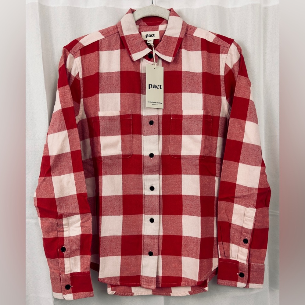 Pact Red and White Plaid Button Down Shirt